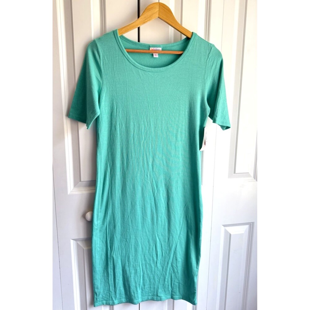 New Lularoe Size M Julia knit T-shirt Dress black short sleeves stretchy Green